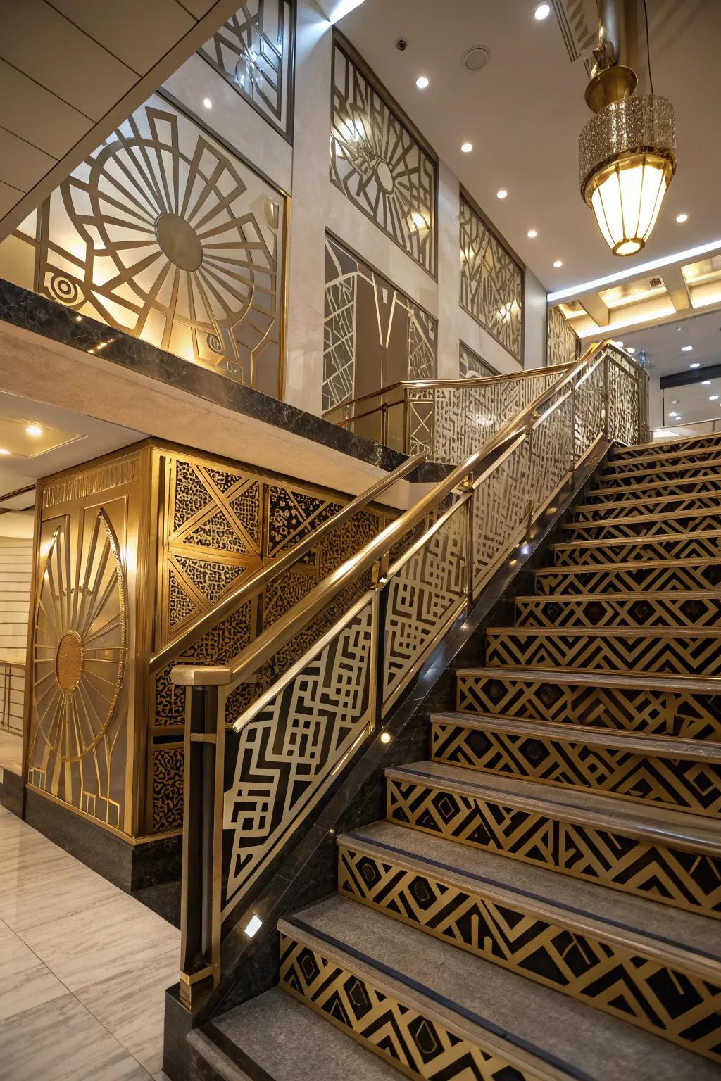 A style that reflects art deco adds an audacious and eye-catching pronouncement to this staircase.