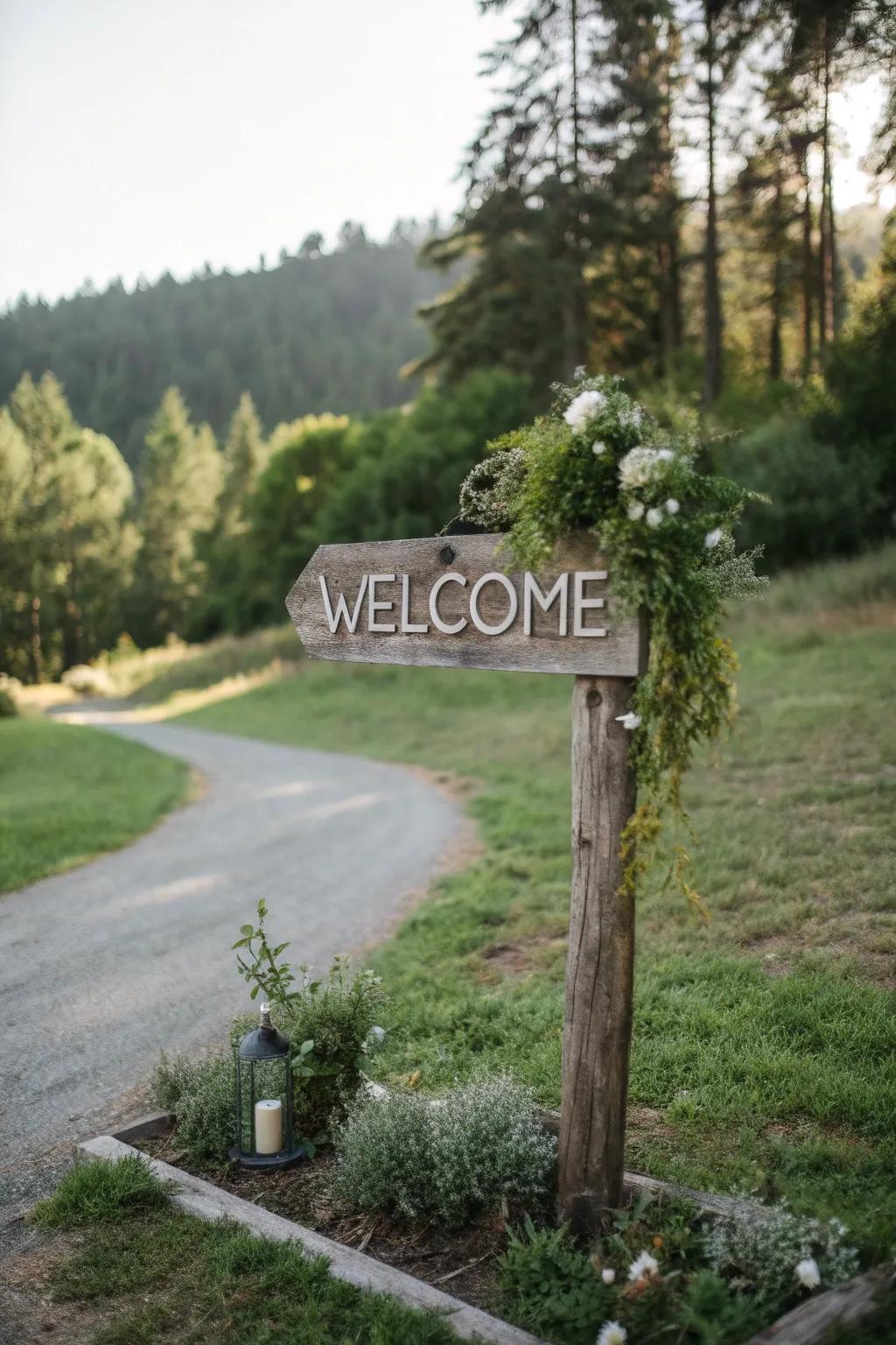 An eco-friendly welcome board made from old wood, perfect for a sustainable wedding.