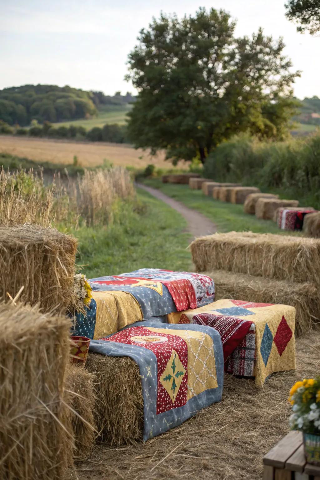 Hay bundles give rural charm and comfortable seating.