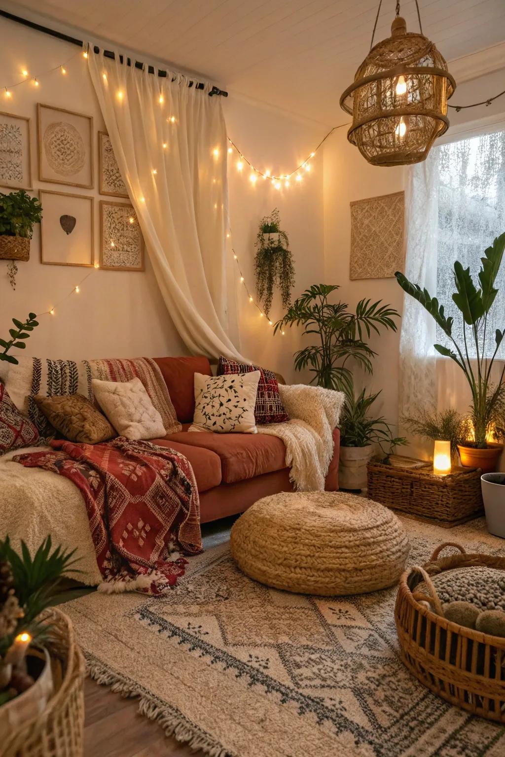 Comfortable boho lounge with an alluring atmosphere.
