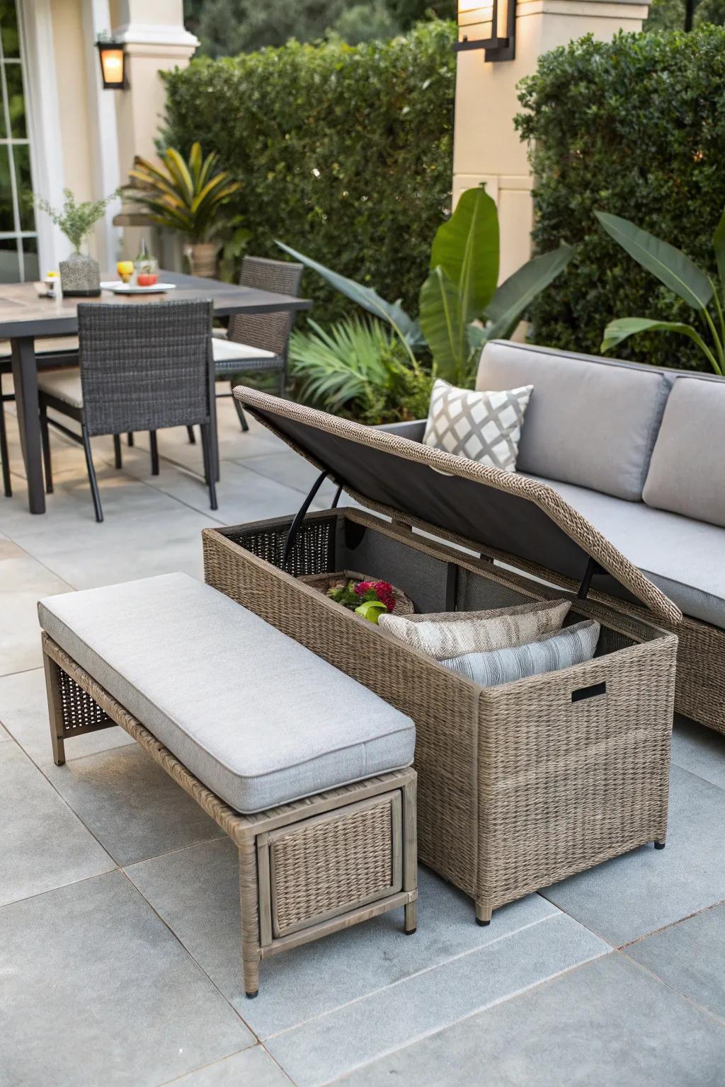 Maximizing area with multi-functional wicker furnishings.
