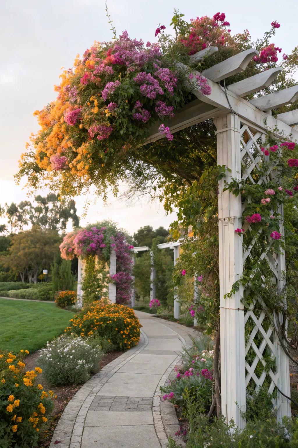 A romantic wildflower-draped arbor ideal for any garden.