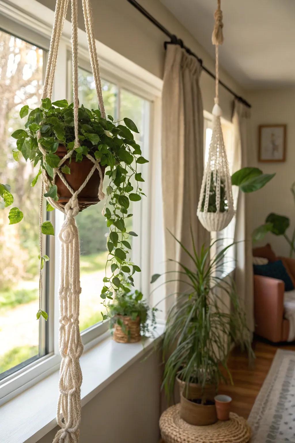 Incorporate greenery with stylish macrame plant hangers.