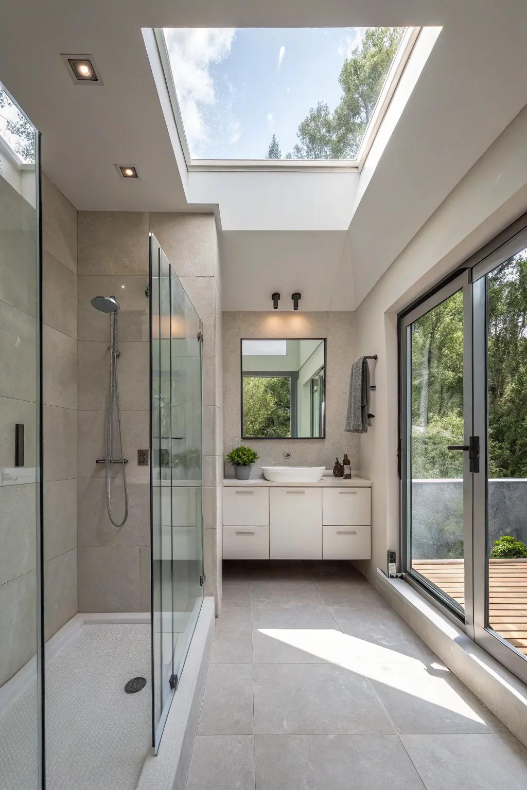 The integration of a skylight optimizes overhead lighting, enriching the shower's overall atmosphere.