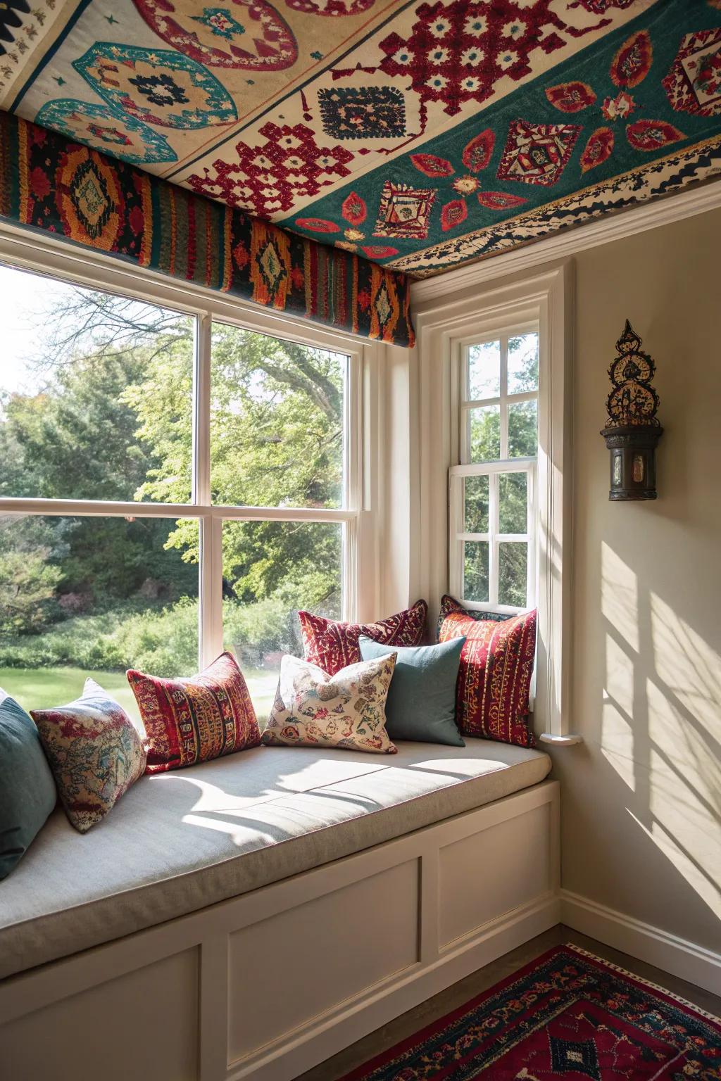 A bold ceiling adds visual appeal to your window seating area.