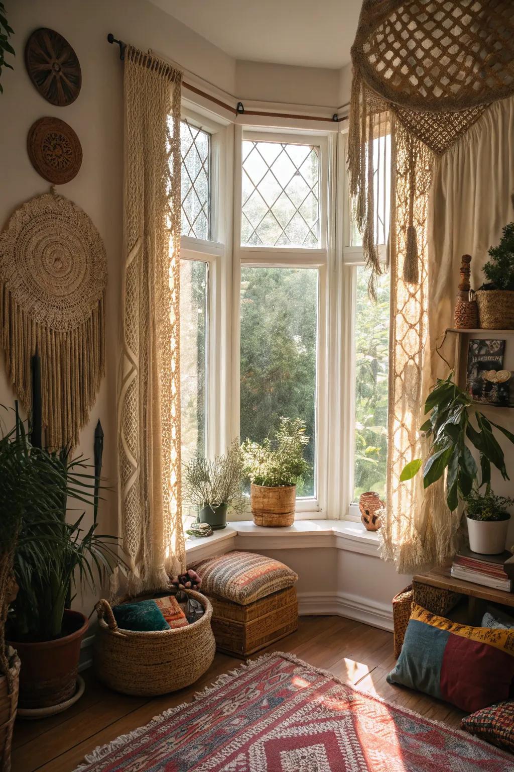 Handmade lace curtains give a bohemian and artistic touch.