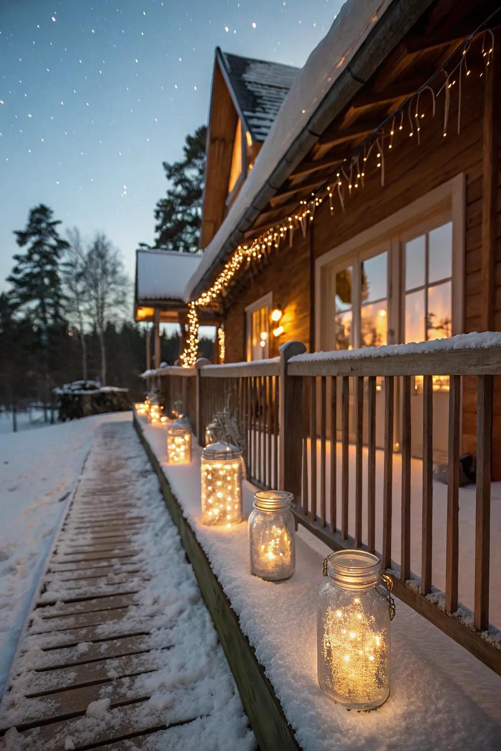 Preserving jars filled with fairy lights enchant this winter porch.