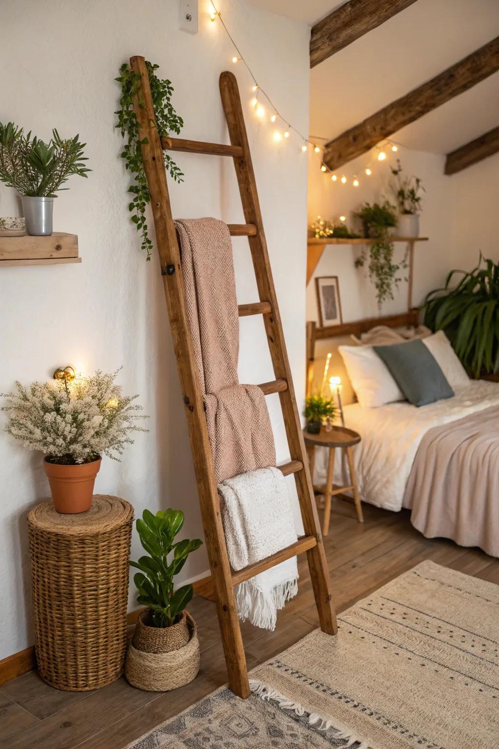 A timber ladder embodies both functionality and aesthetic.