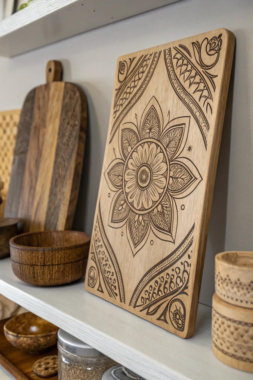 Explore the interplay of texture and detail through timber scorching artistry.
