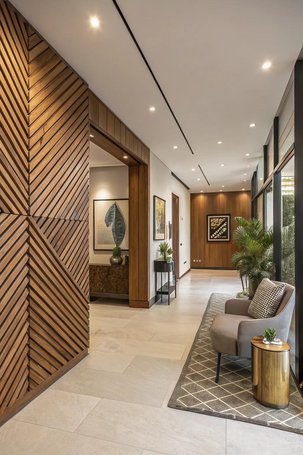 Forge a memorable declaration through diagonal timber strip patterns.