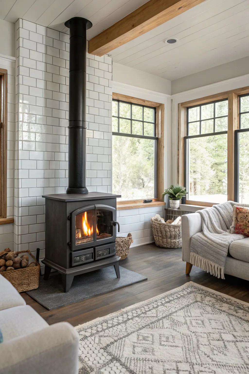 Rectangle tiles provide a sleek and sophisticated surround for your wood stove.