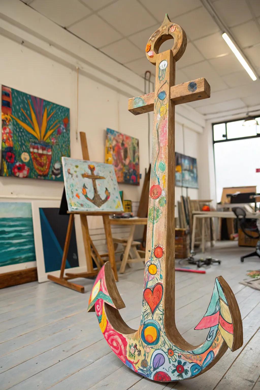 Timber buoy with bold abstract art
