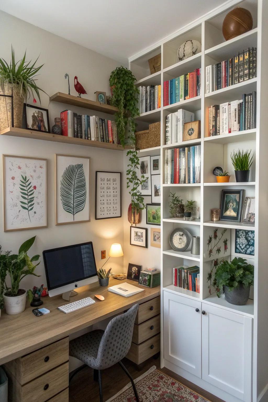 Creative use of upright space for storage and decor.