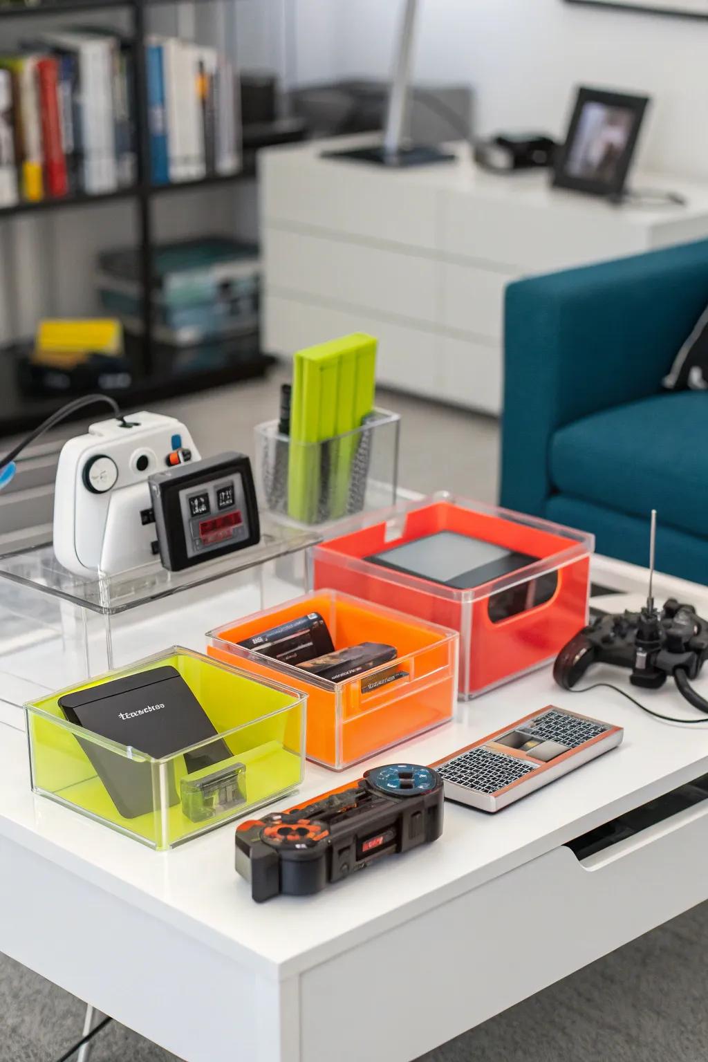 Tech-inspired decor pieces blend style and functionality in a Y2K room.