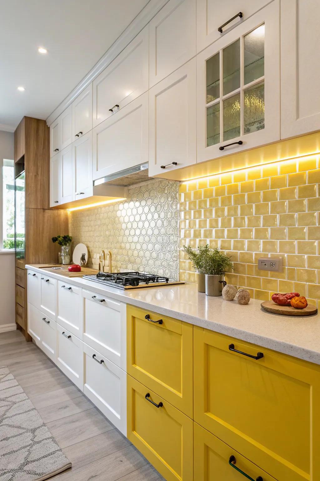 A dual-tone backsplash fashions a striking visual impact.