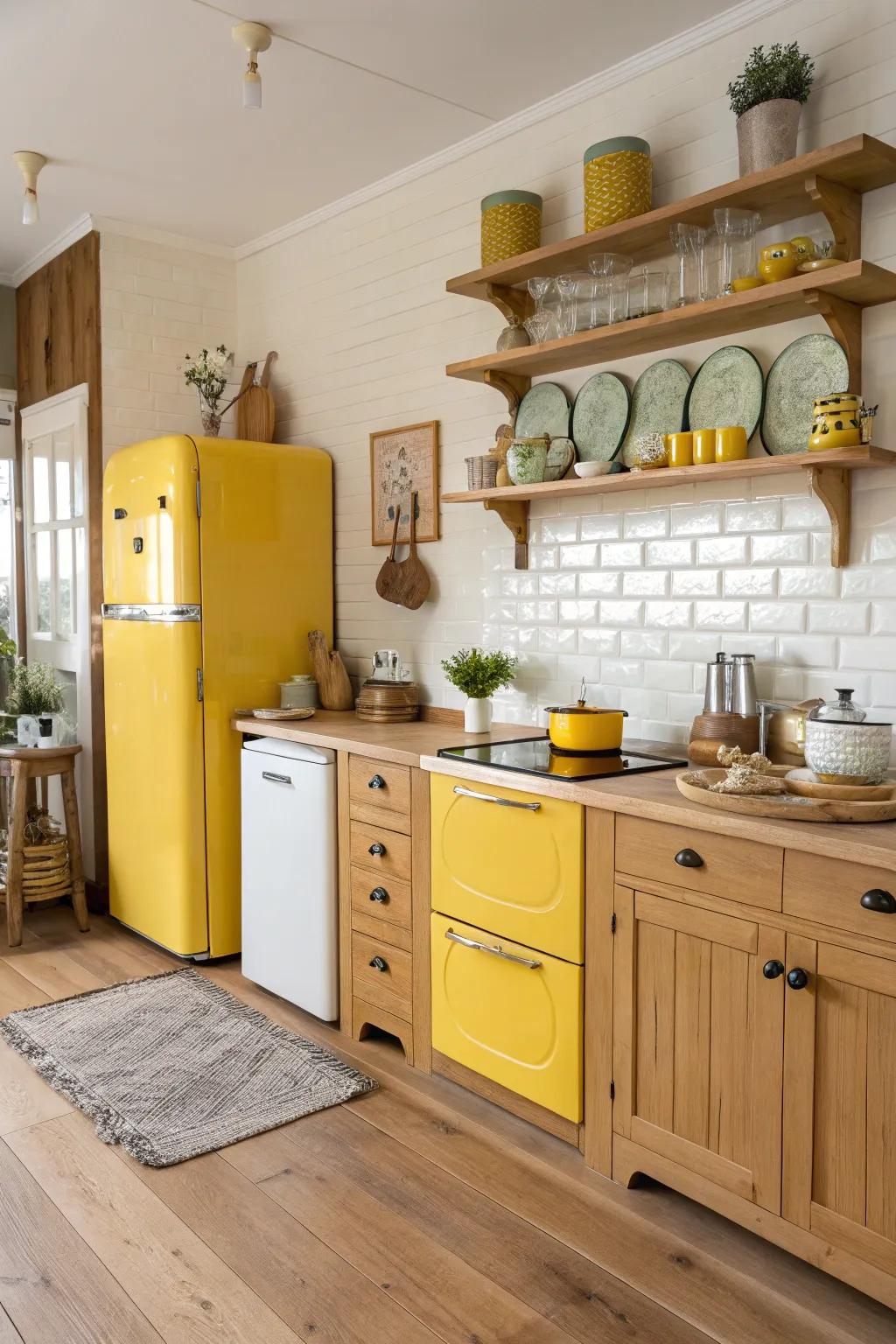 Yellow and lumber fashion a warm, harmonious cooking area atmosphere.