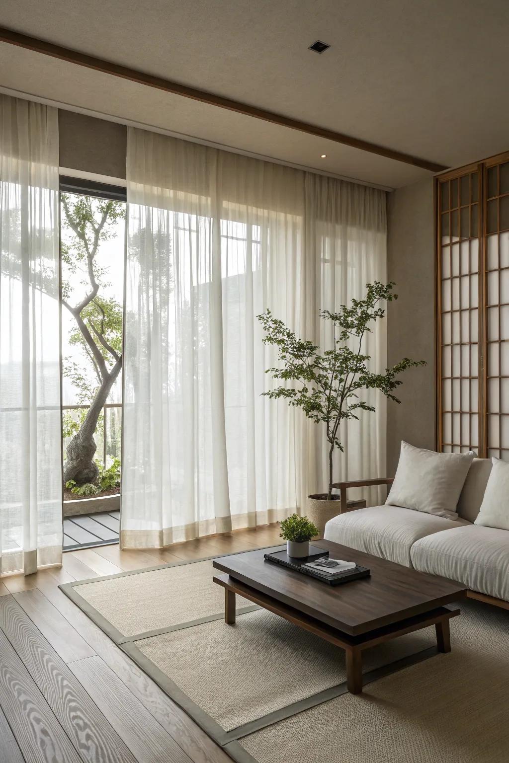 Diaphanous window coverings maintain openness and light.
