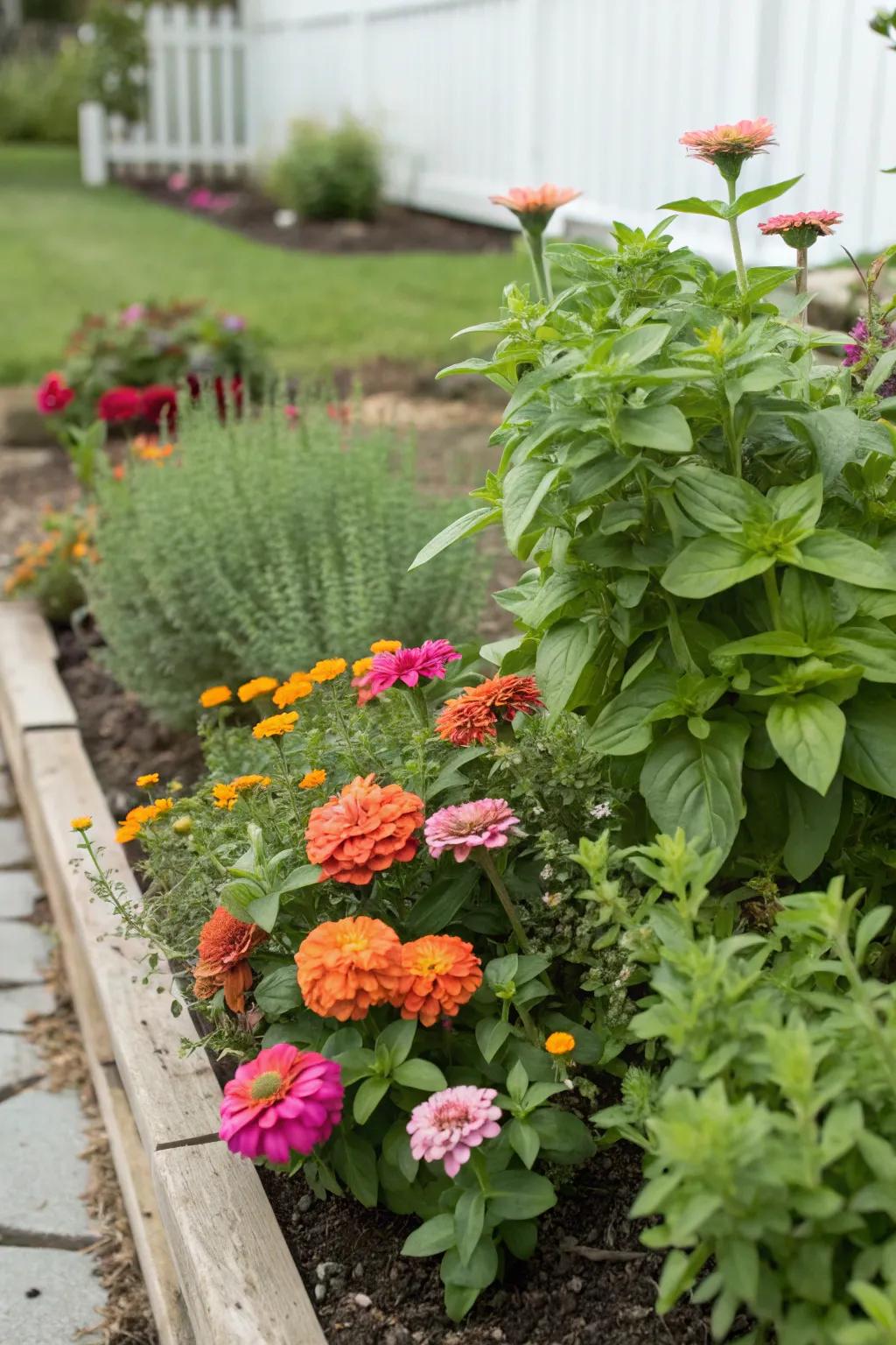 A fragrant and colorful garden patch with blossifys and herbs.