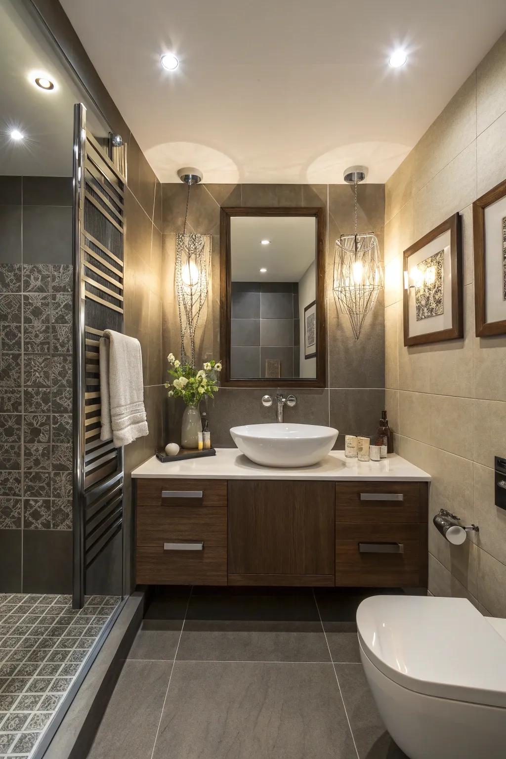 Accent illumination accentuates the attributes of this powder room.