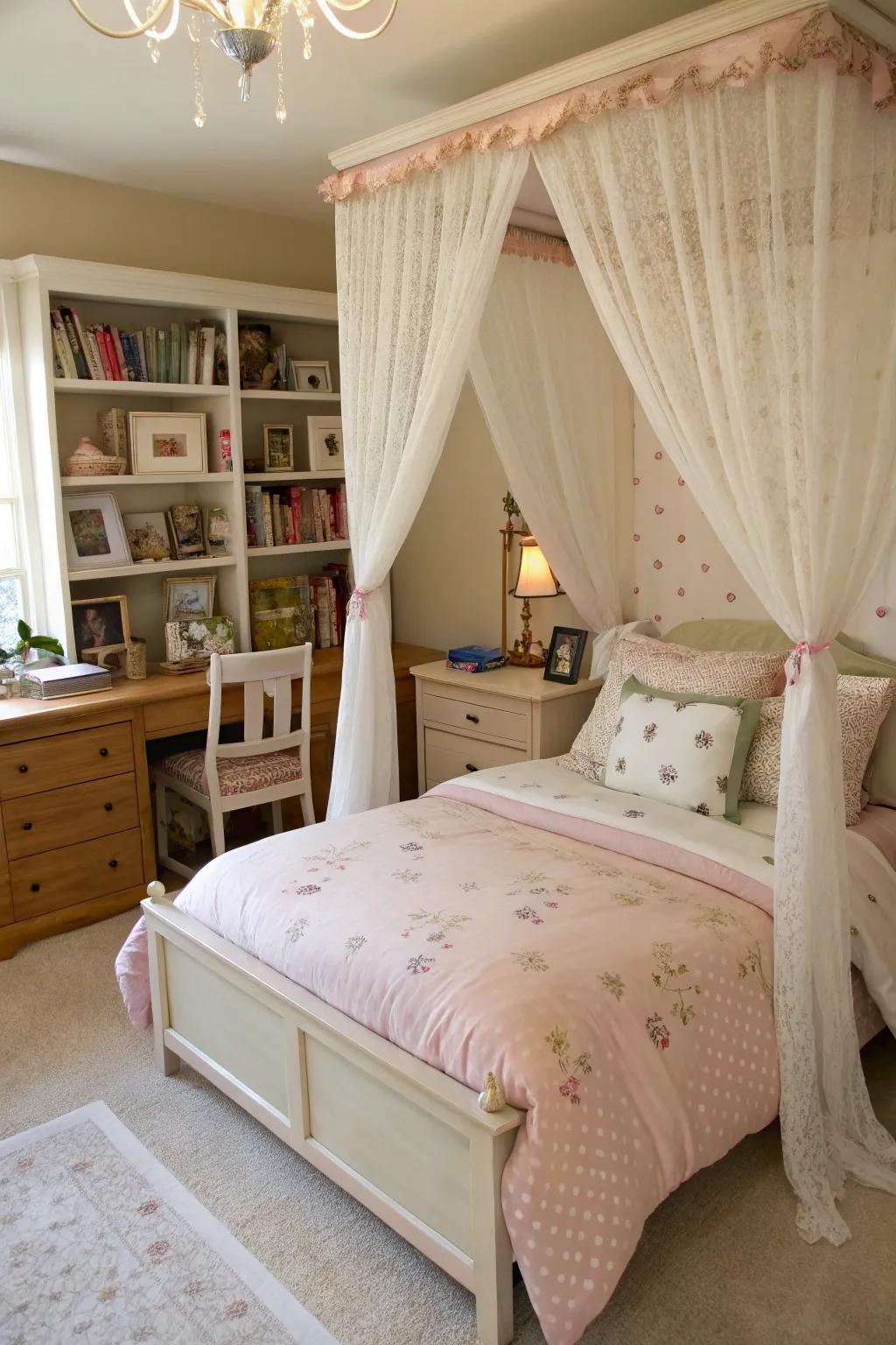 A shelter bed adds elegance and transforms the bedroom into a dreamy escape.
