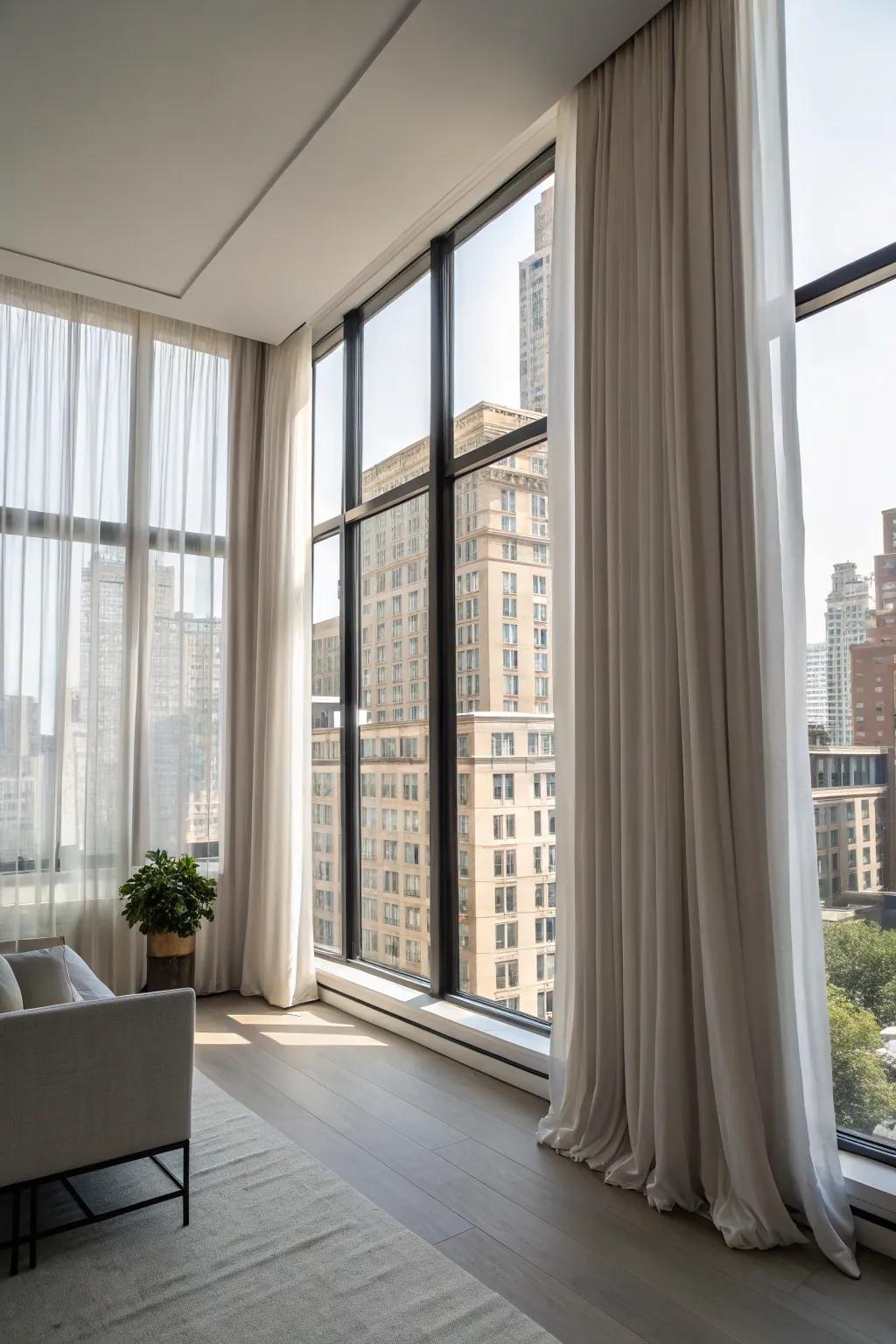 Full-length drapes introduce a touch of elegance and spaciousness to your studio.