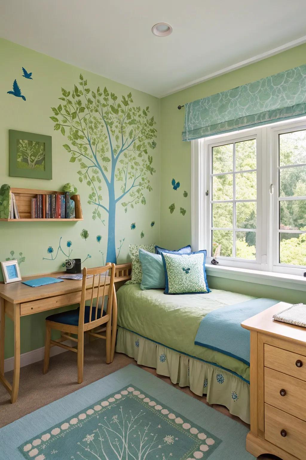 A serene bedroom with soothing, nature-inspired colors.