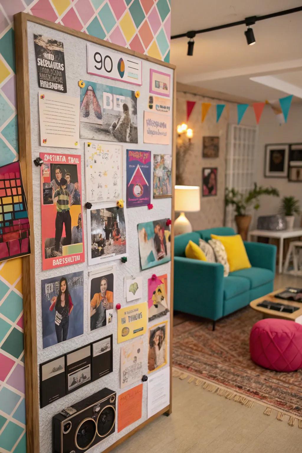 A varied assembly of 80s themes on a vibrant bulletin board.