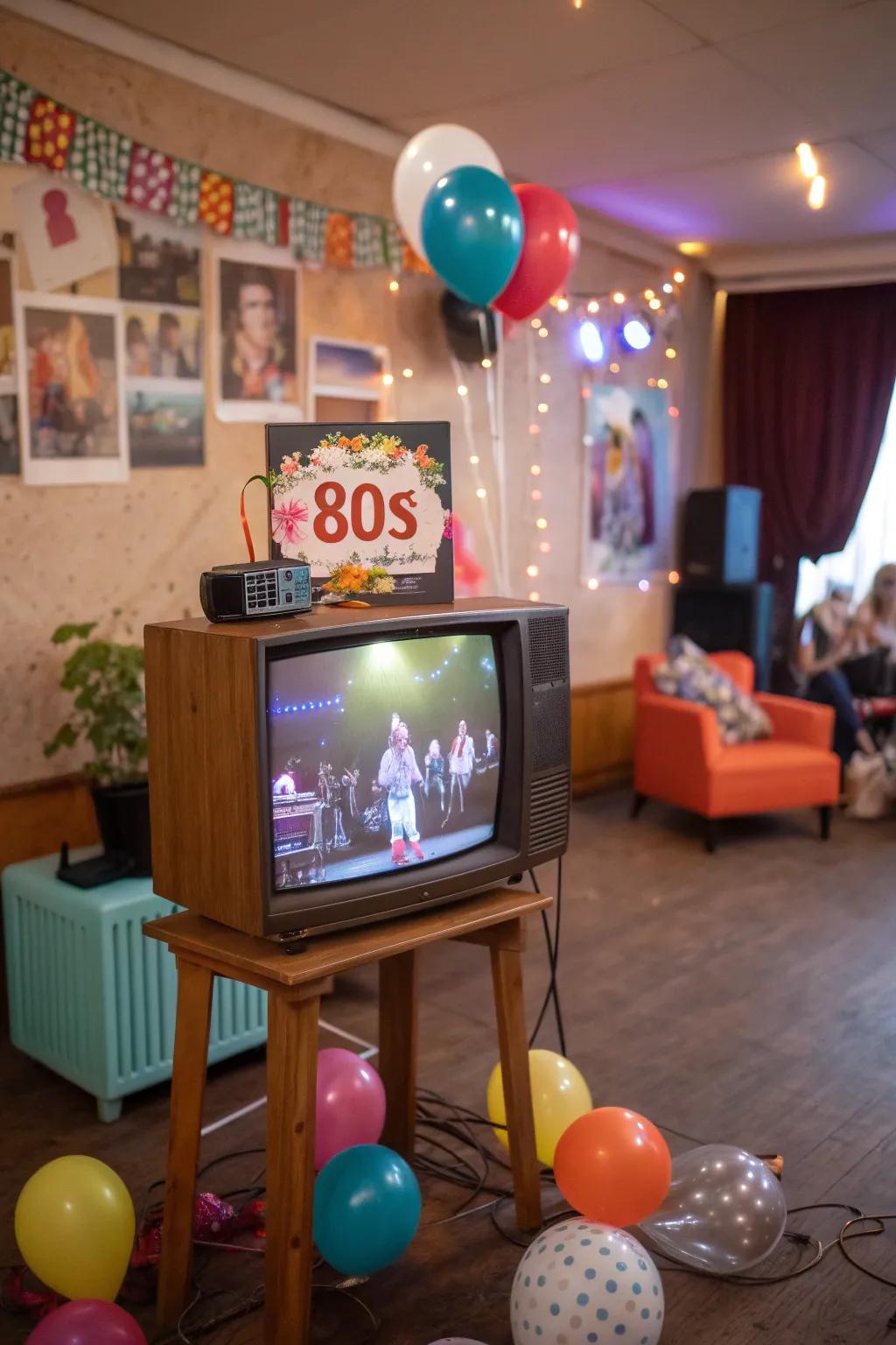 A vintage TV screen contributes an authentic accent to your 80s theme celebration.