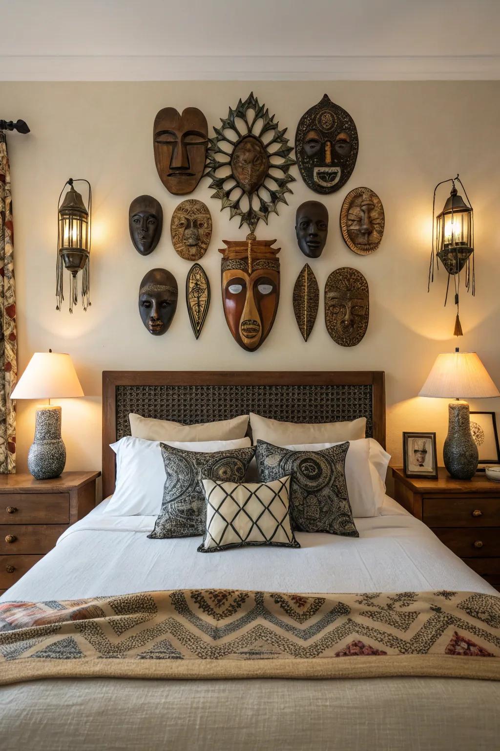 An assorted mask display provides personality above the bed.