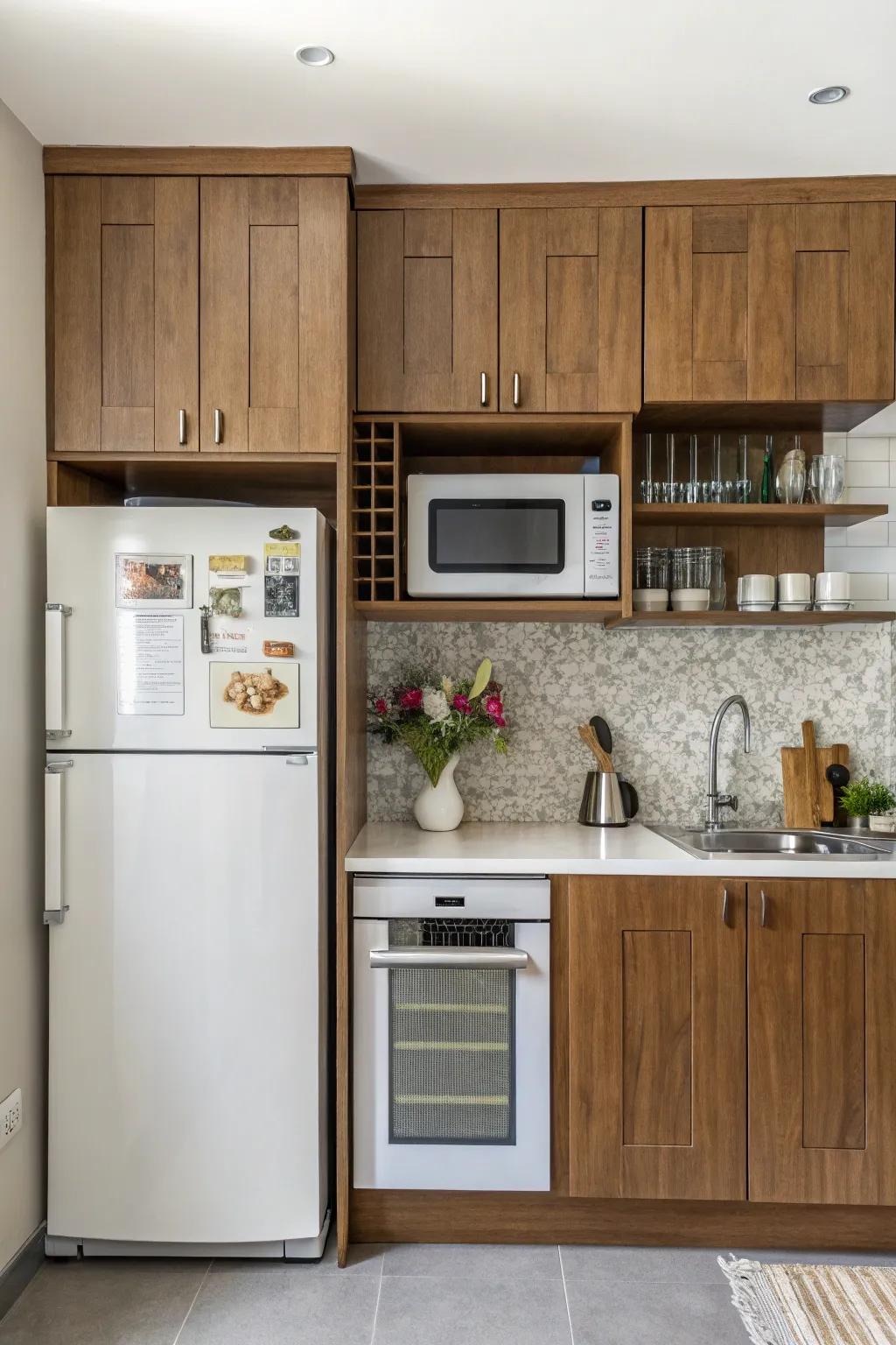 An integrated microwave platform maximizes space efficiency in the kitchen.