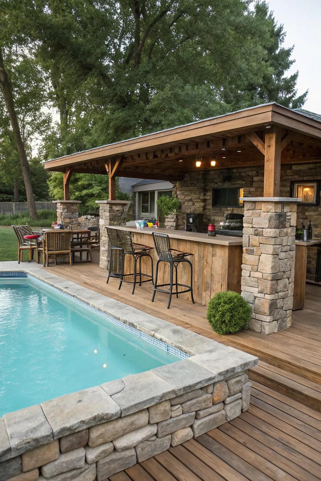 Rock features bring rustic appeal to your poolside bar.