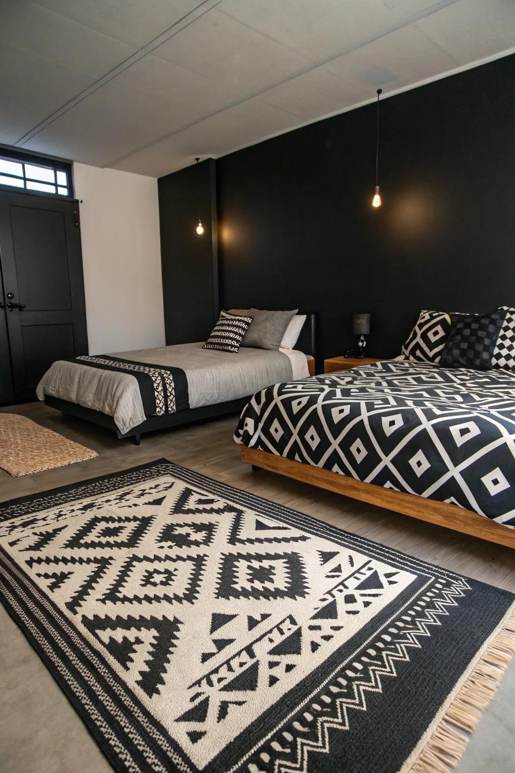 A dark-themed boudoir featuring geometric patterned rugs and bedding.