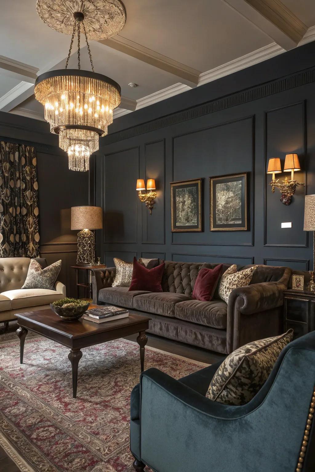 A sophisticated living room featuring dark tones.