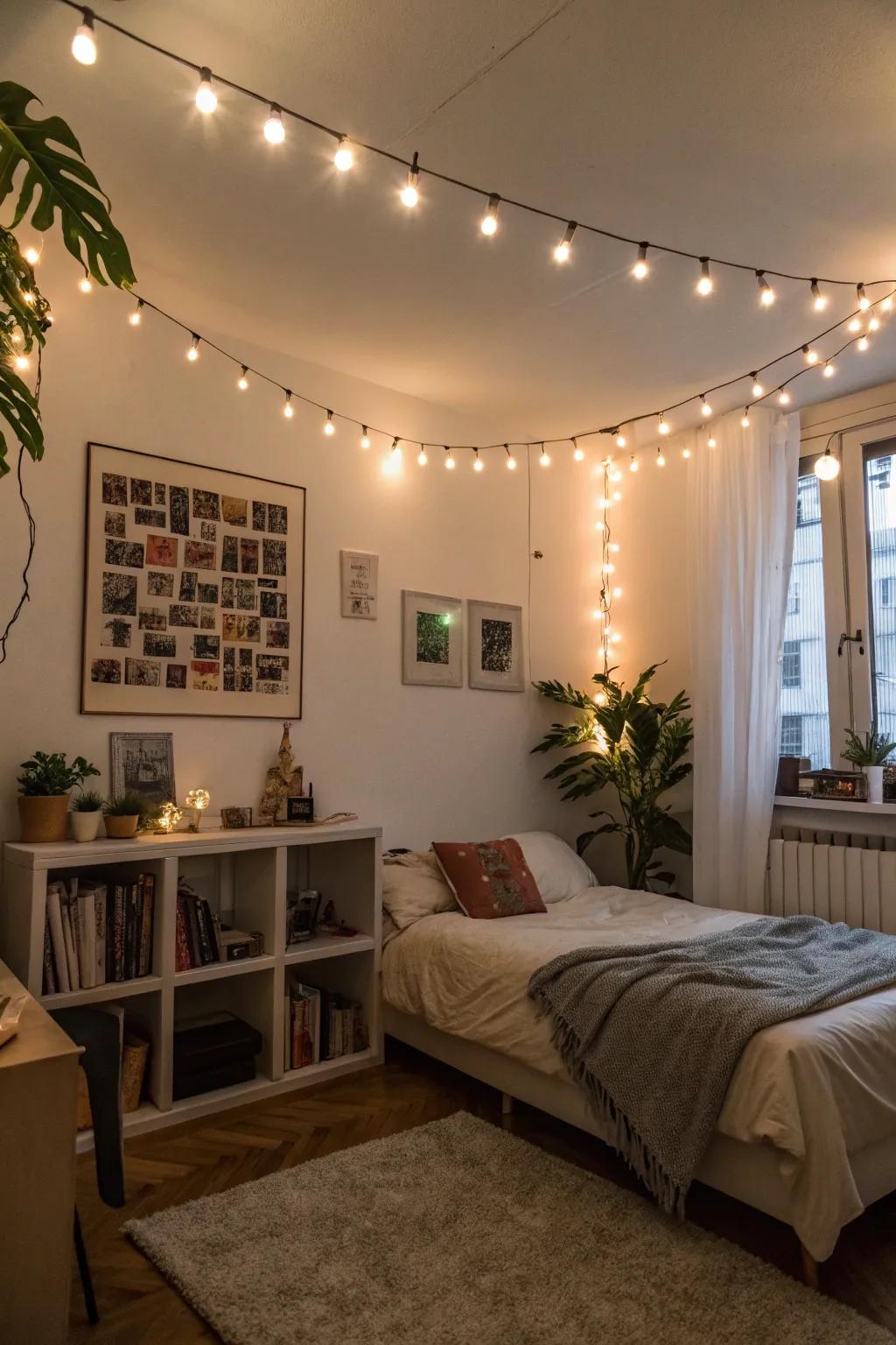 An apartment bedroom illuminated by charming homemade string lighting.