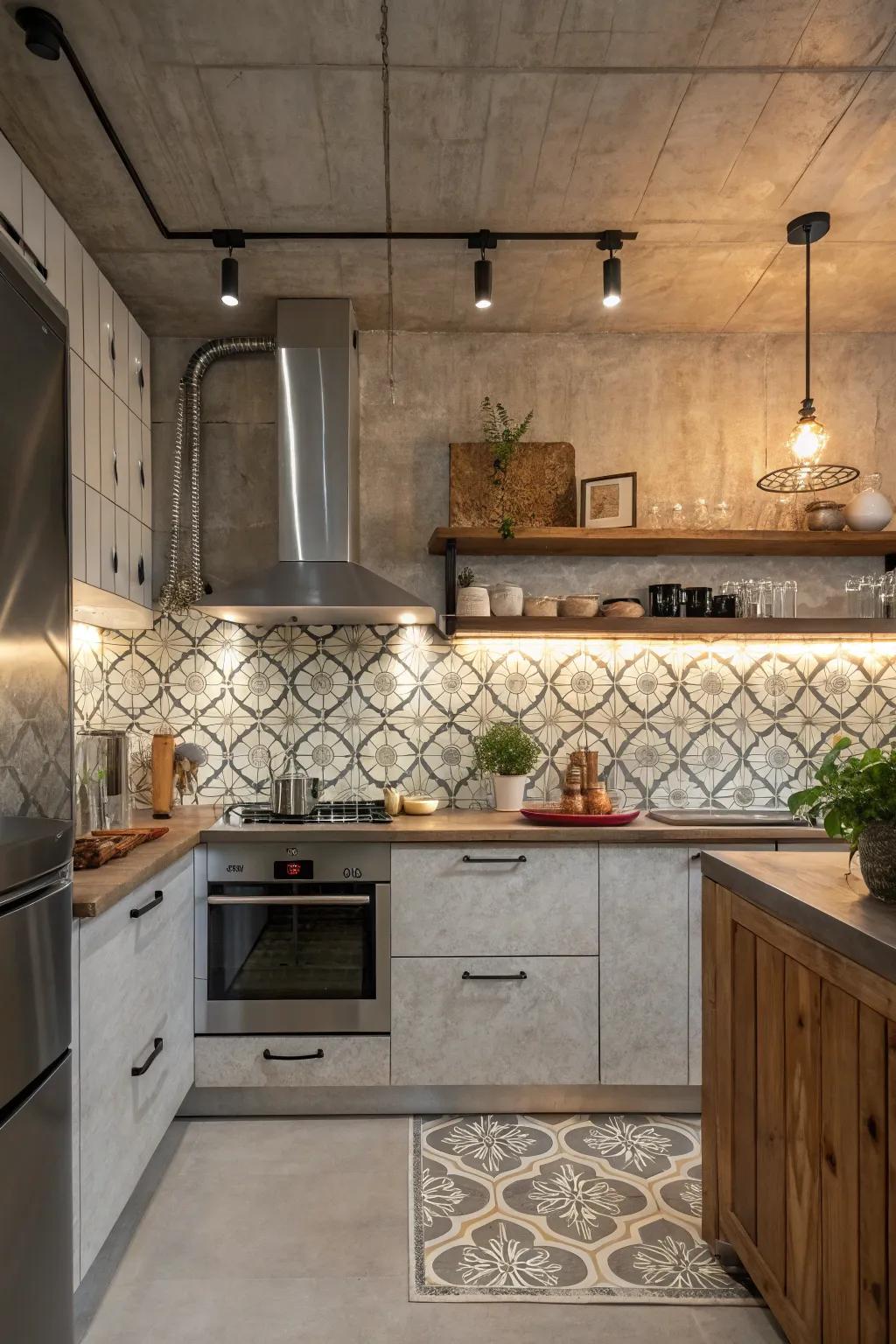 An industrial-styled kitchen displays a singular mix of arabesque tiles and cement elements.