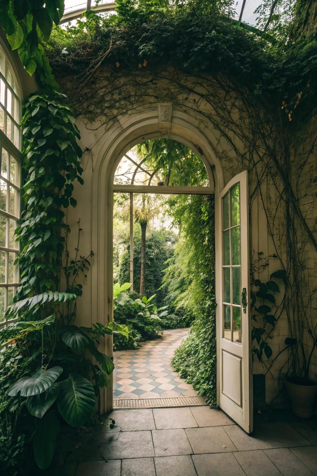 A nature inspired archway gate, exquisitely embellished through climbing plants.