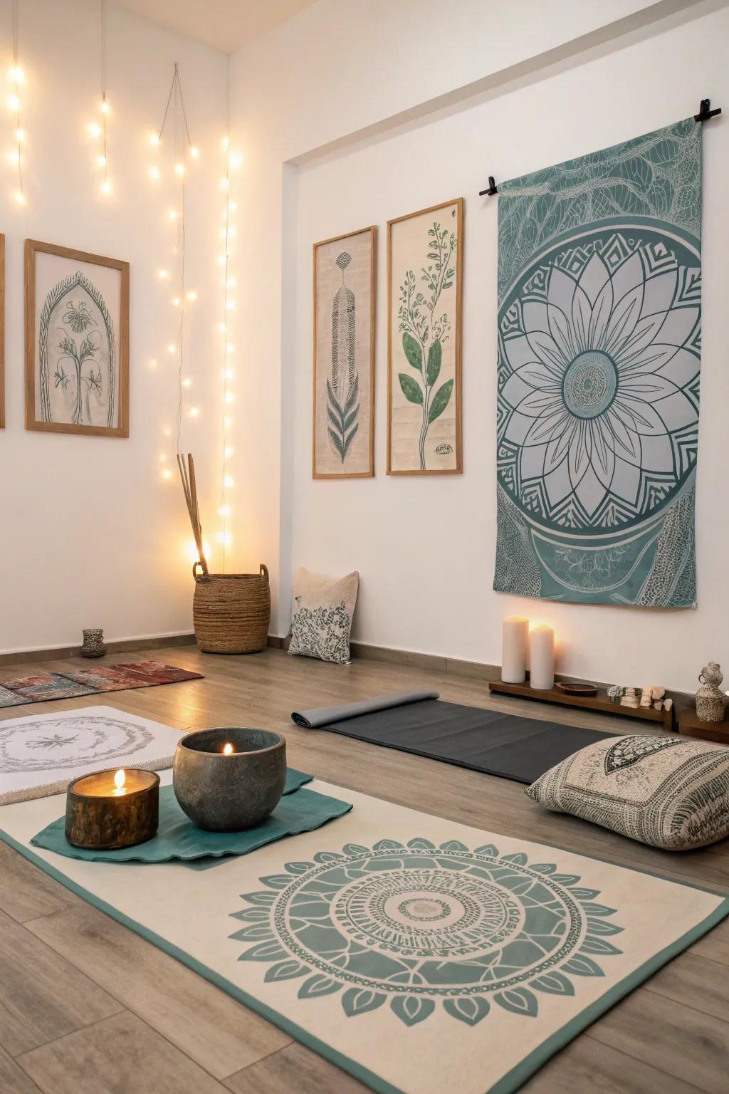 Zen-inspired art fashions a tranquil sanctuary in the yoga zone.