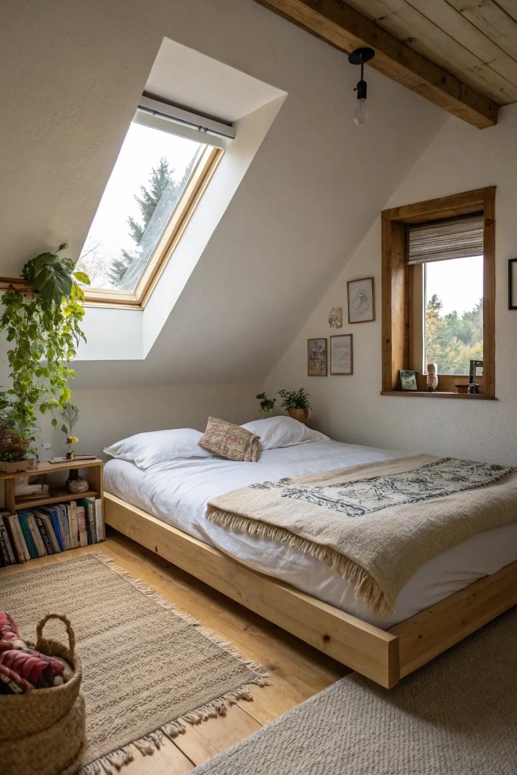 A low bed base enhances the sense of area in your attic bedroom.