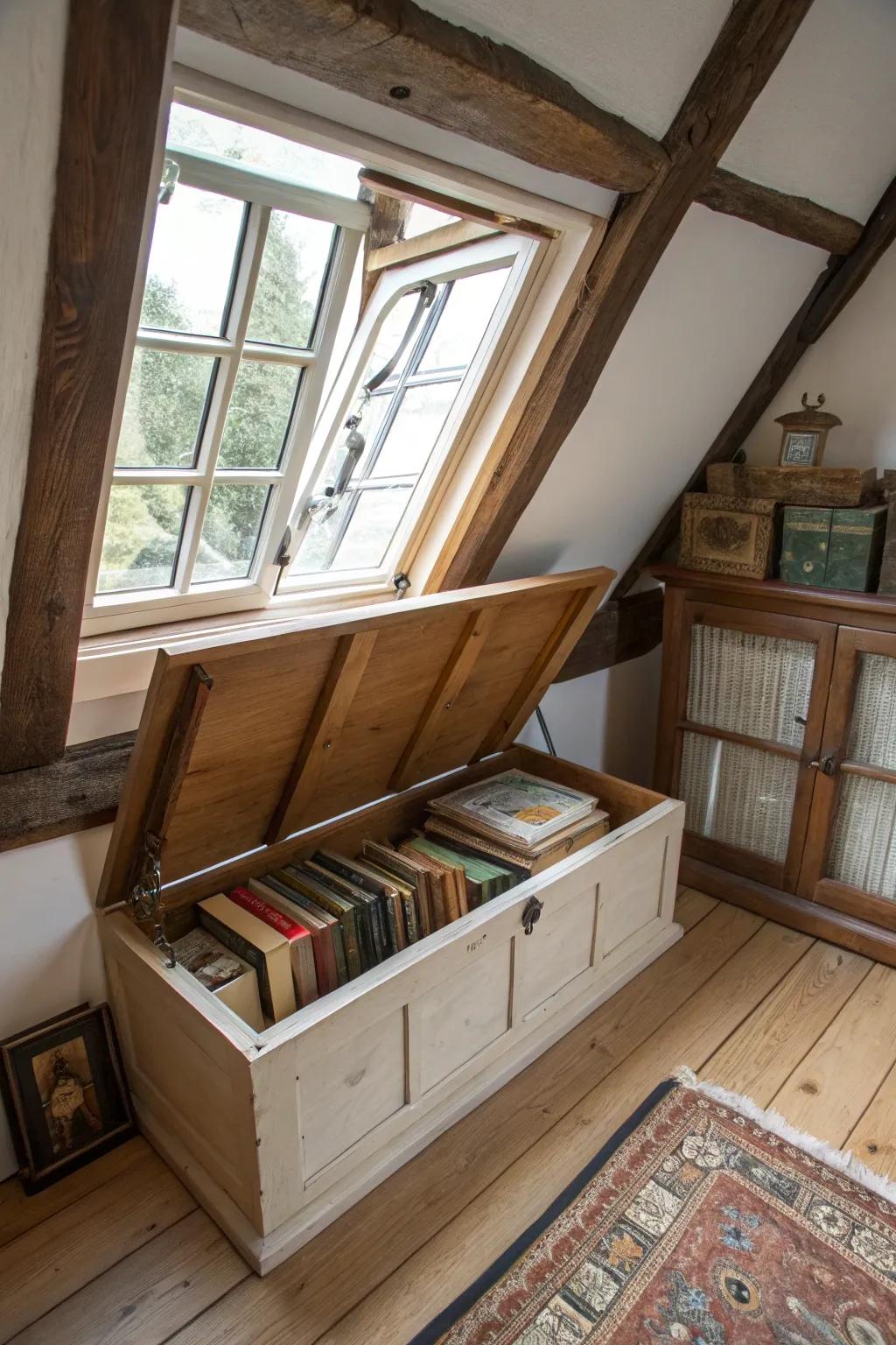 A window seat with storage contributes comfort and utility to your attic.