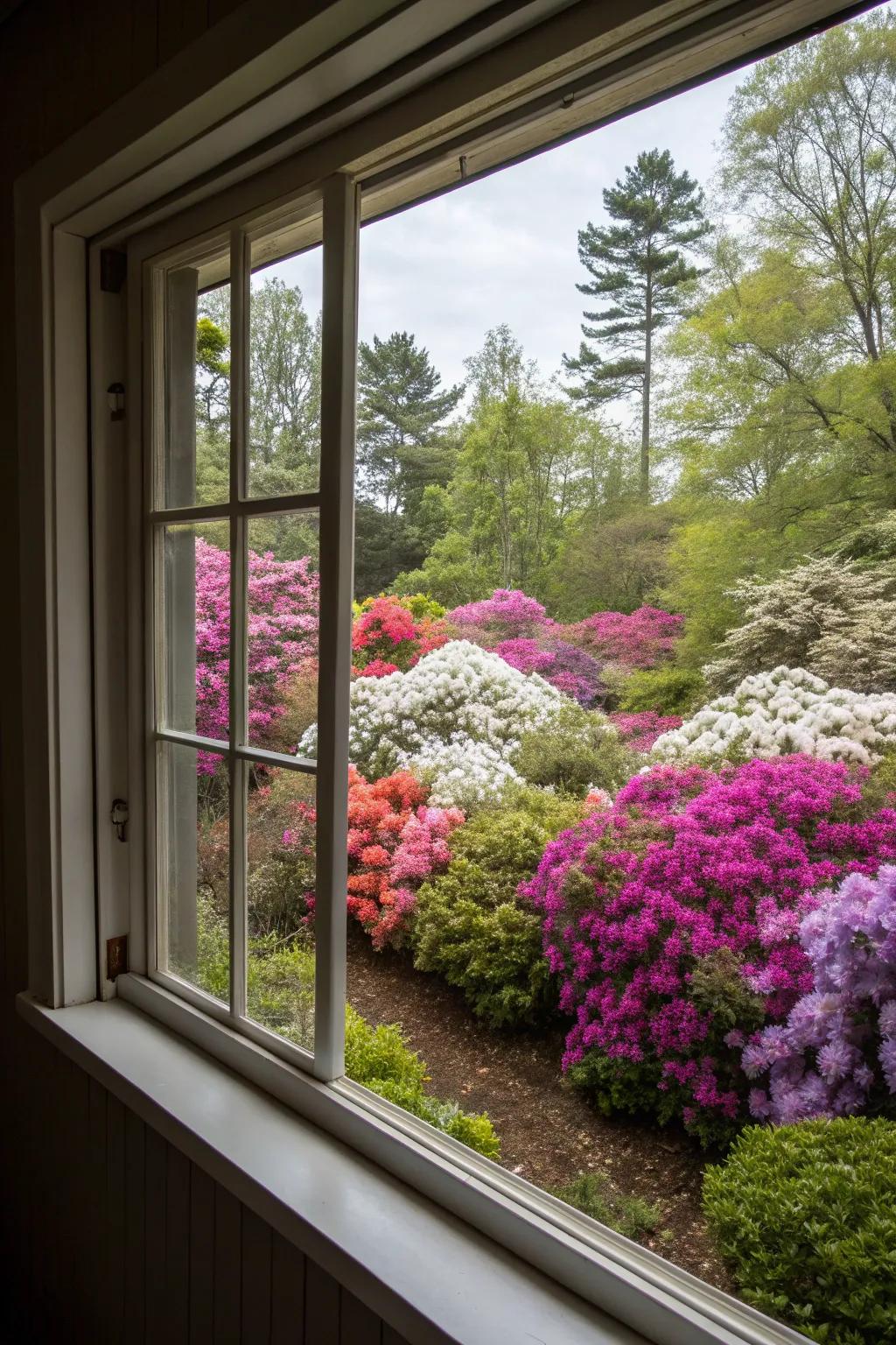 A window panorama elevated by the vibrant blooms of azaleas.