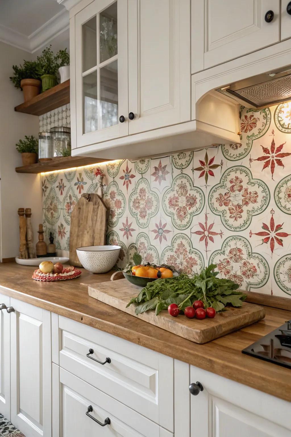 Bring garden charm with floral patterned tiles.