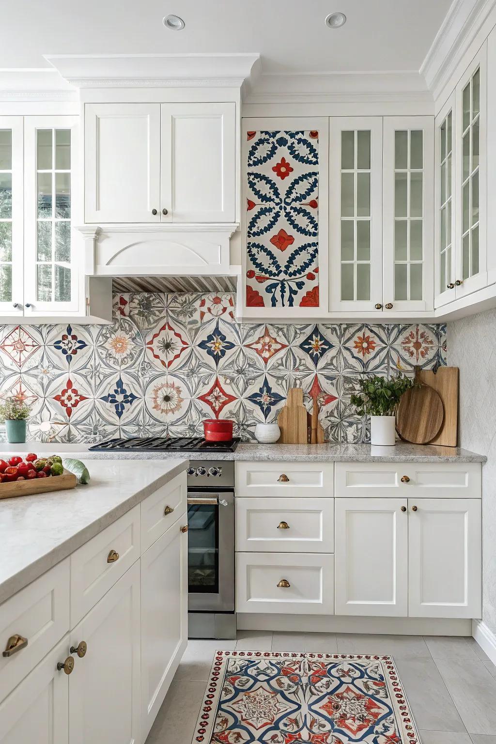 Striking designs make the backsplash a focal point in this white kitchen.