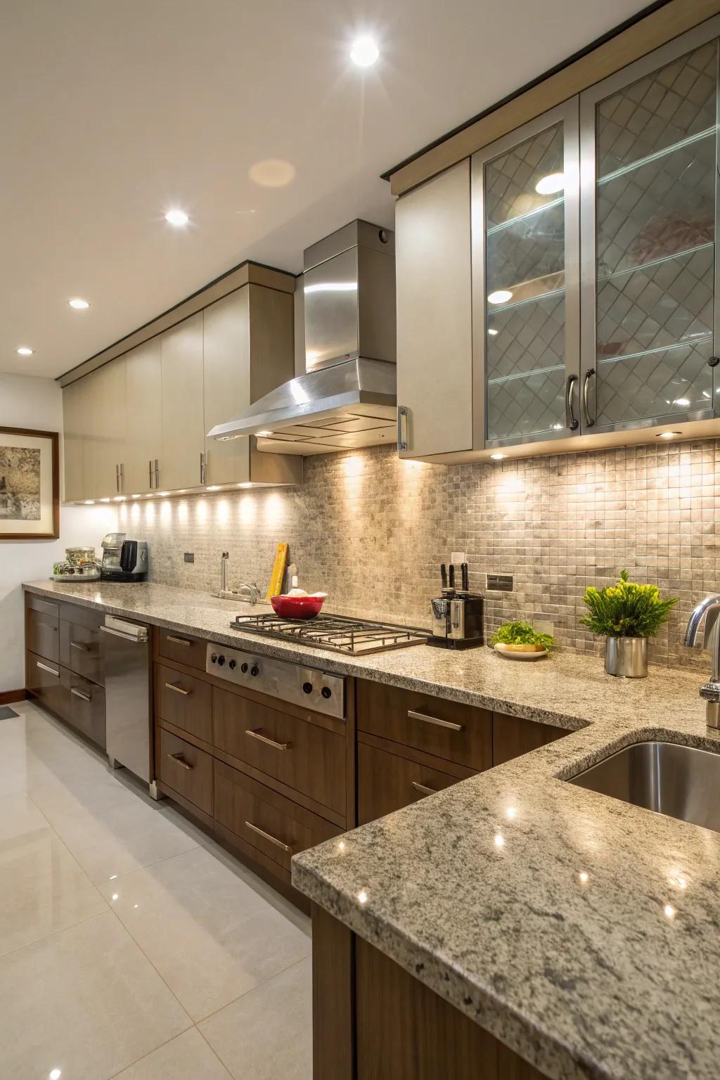 Stainless steel and stone combine to create a chic industrial aesthetic.