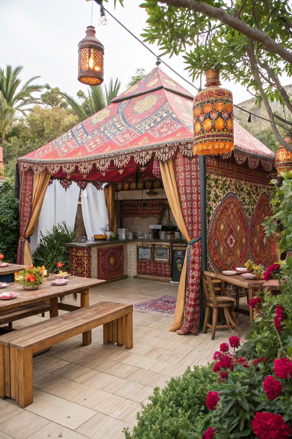 A Moroccan tent adds a colorful and exotic feel to your outdoor kitchen.