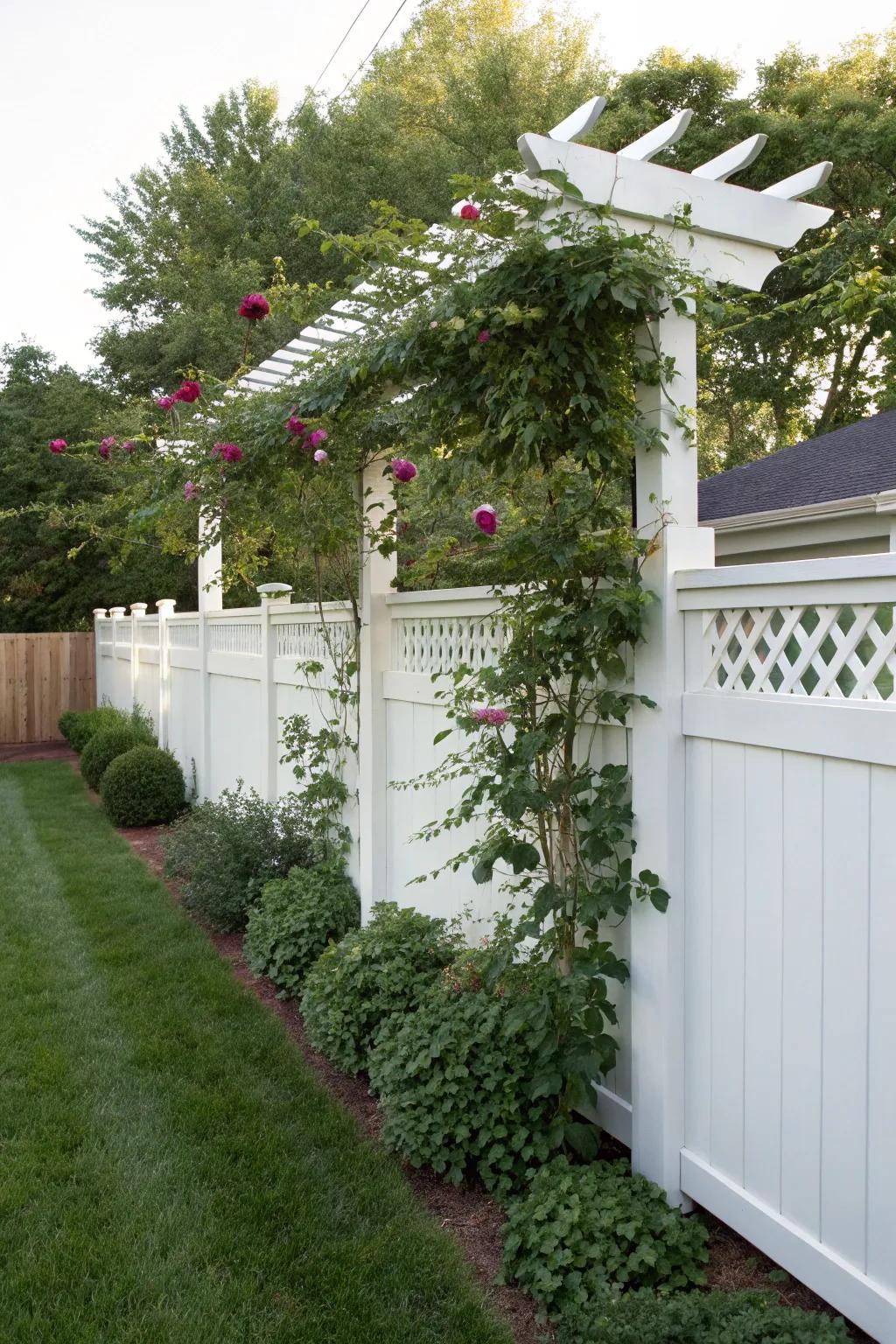 A trellis decoration with climbing plants adds charm and height.