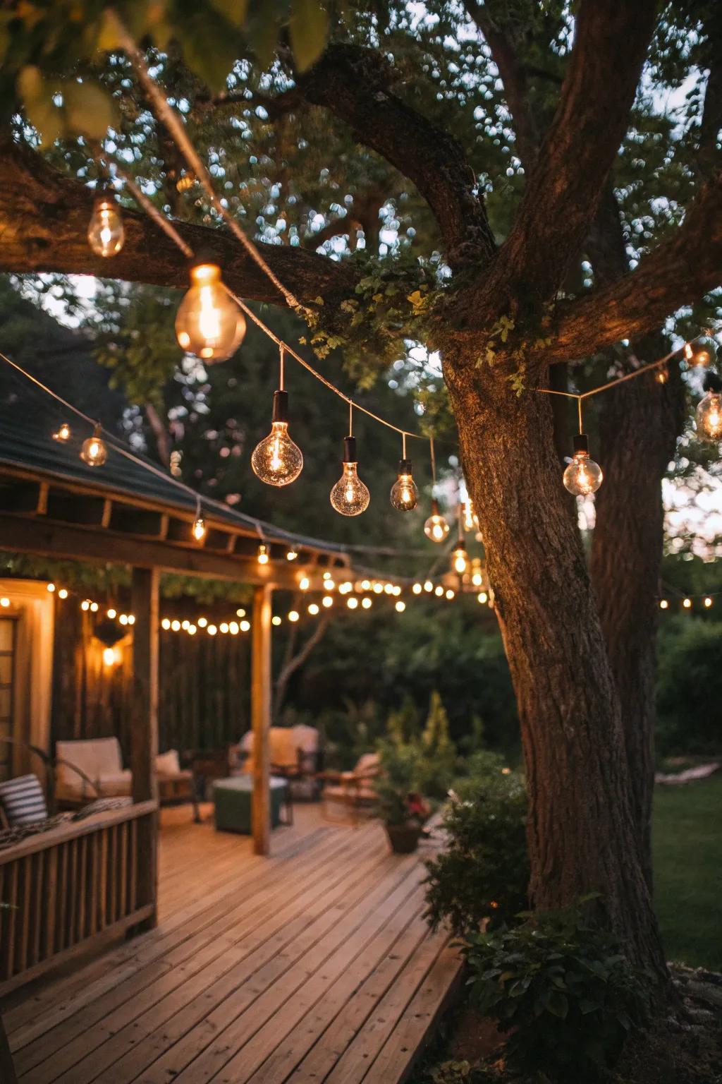 Hanging fairy lights add a whimsical surprise to your backyard.