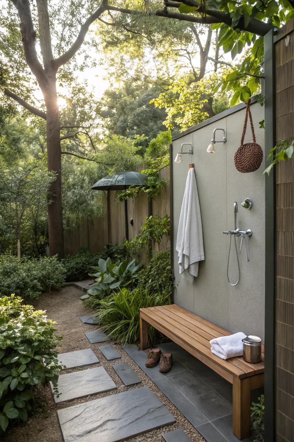 A functional outdoor cleansing station equipped with practical accessories.