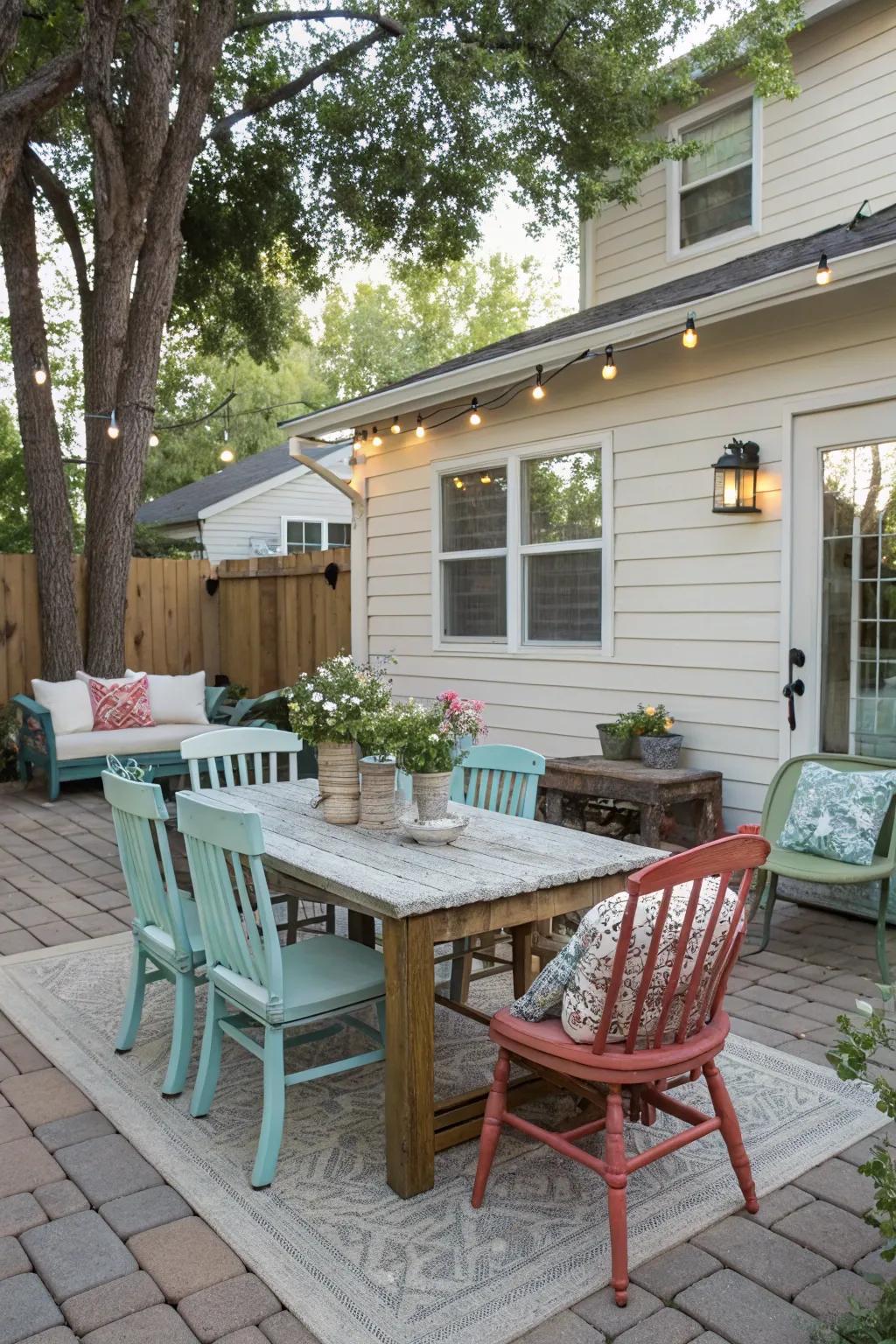 Repurposed furniture adds appeal and sustainability.