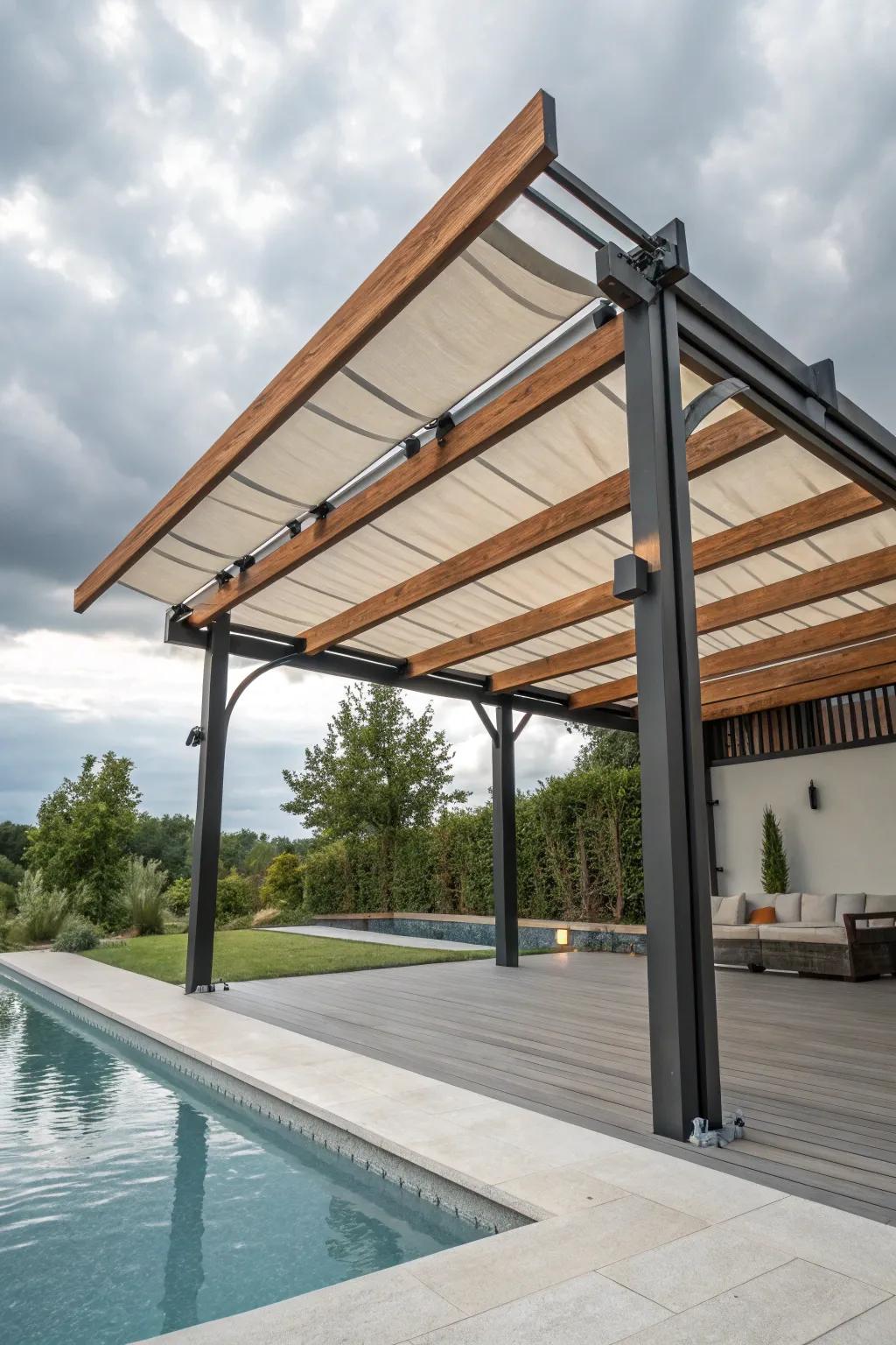 Layered materials convey texture and character to pergolas.