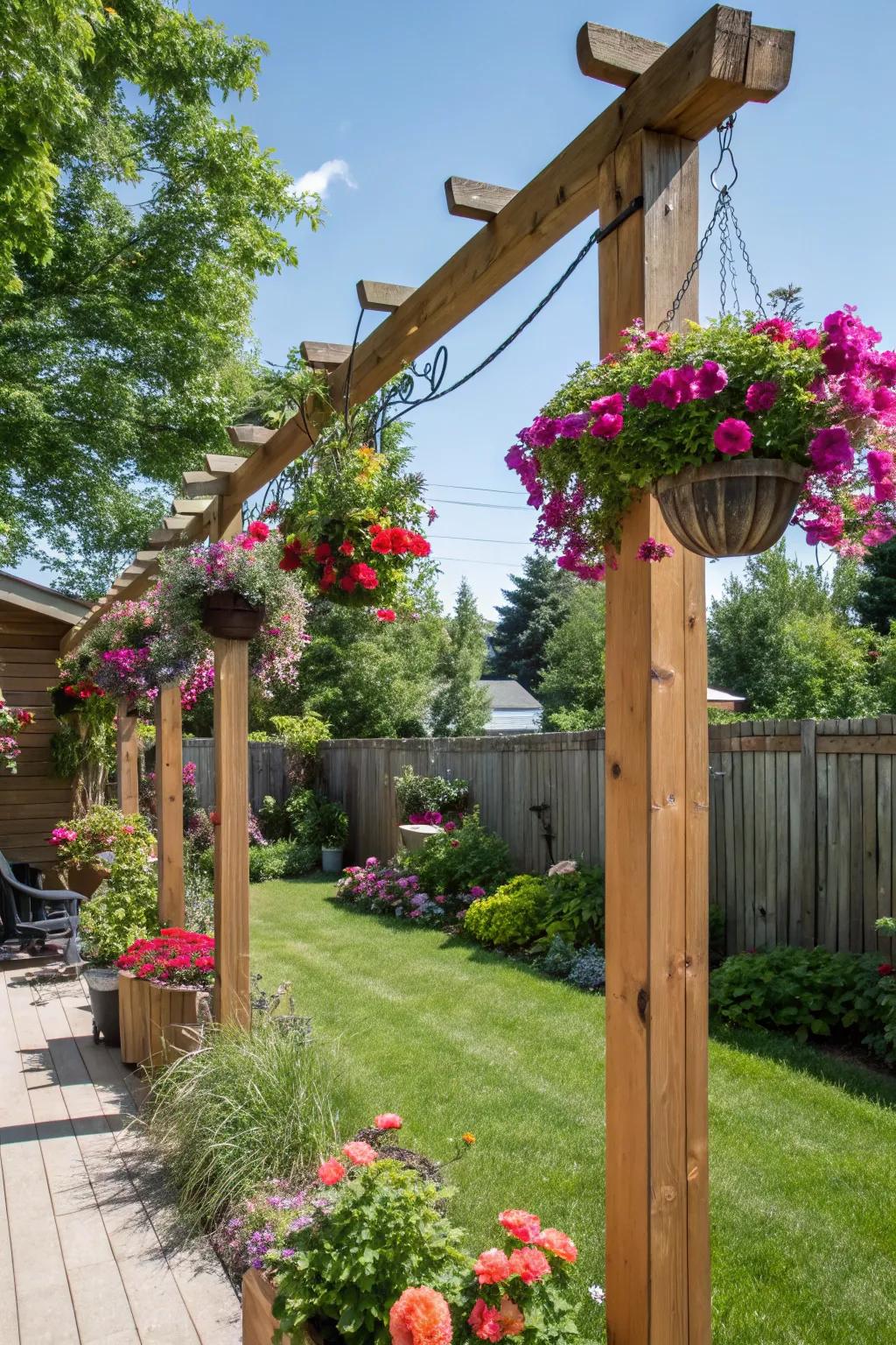 Create a flowing flower show with suspended planter beams.